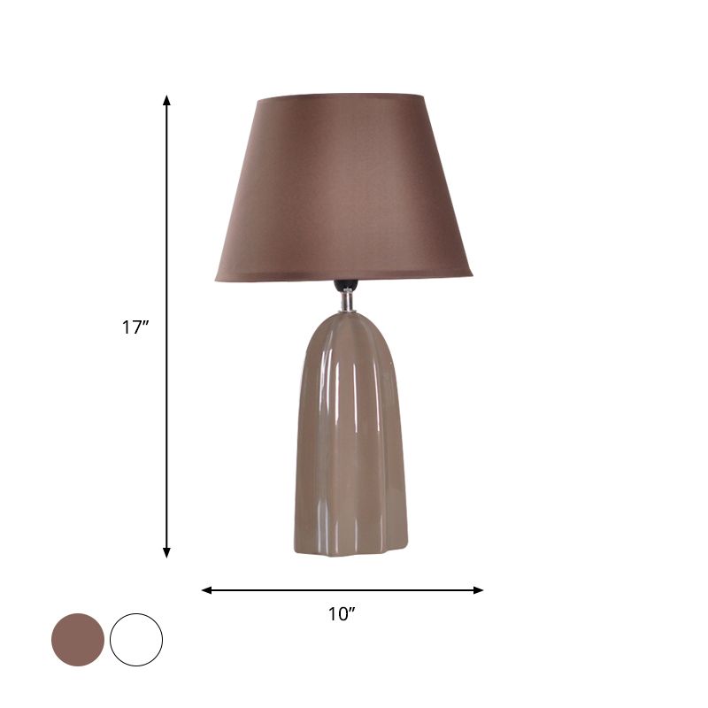 Fabric Barrel Table Light Modernist 1 Bulb White/Brown Night Lamp with Prism Ceramics Base
