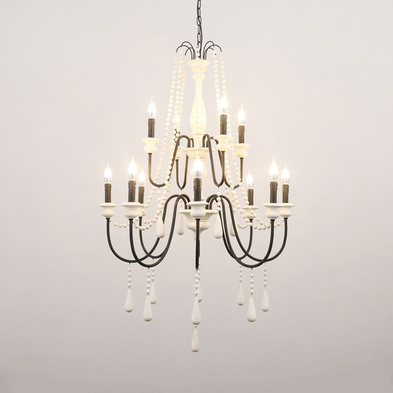 Traditional 2-Tier Hanging Chandelier Metal 12 Bulbs Suspension Light in White with Wooden Drop