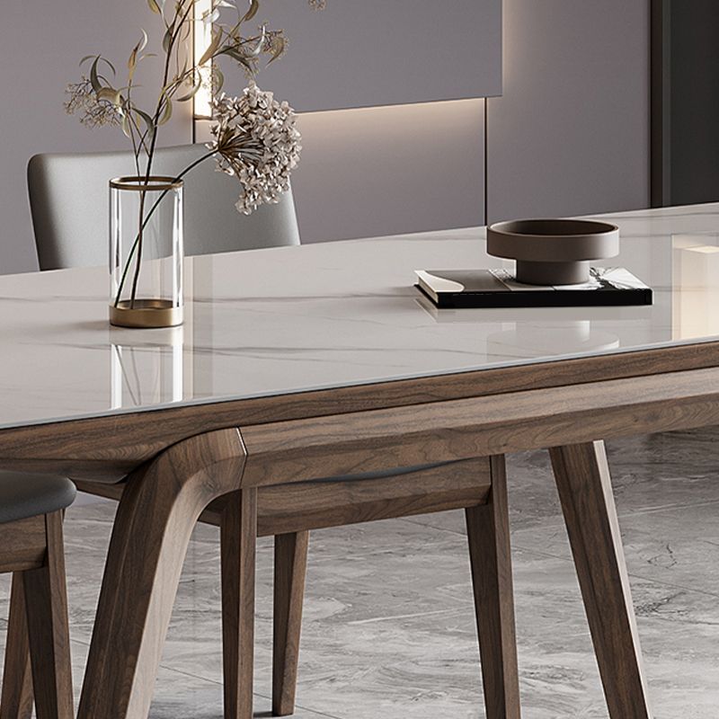 White Mid-Century Dining Table Stone Top Table with Wooden Frame