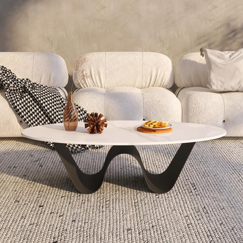 Glam Style Stone Top Coffee Table with Steel Base in Oval Cocktail Table