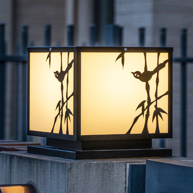 Square Shape Metal Waterproof Pillar Lamp Modern-Style 1 Light Outdoor Light in Black