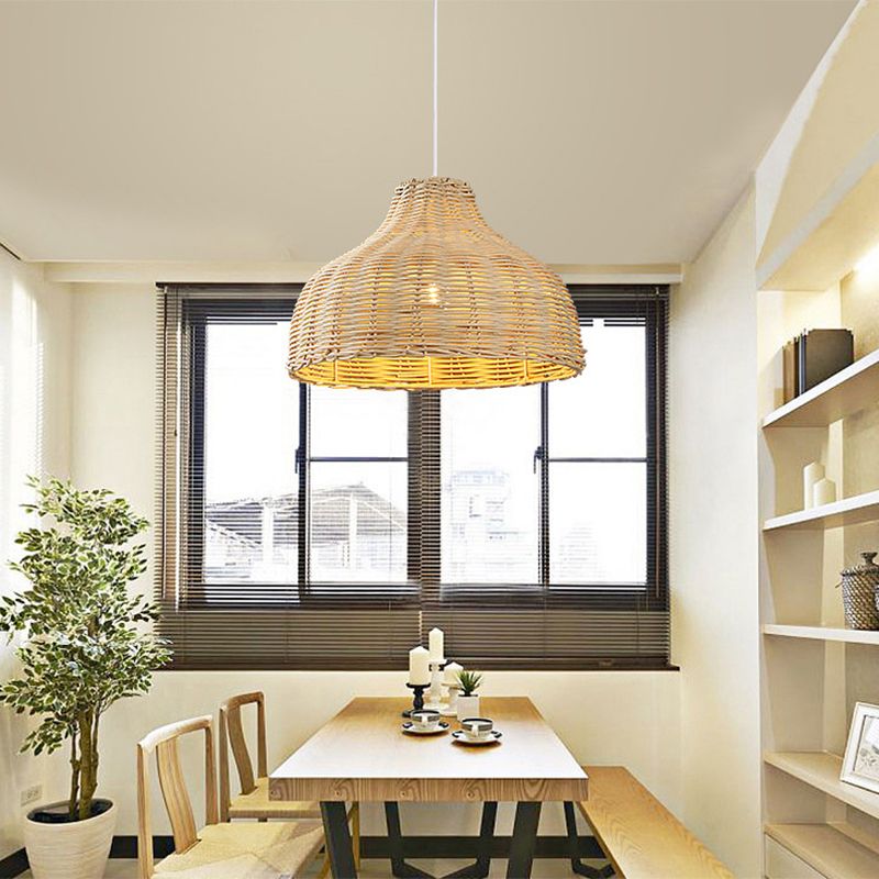 Pot Cover Restaurant Ceiling Light Rattan 1 Bulb Asian Style Hanging Light Fixture