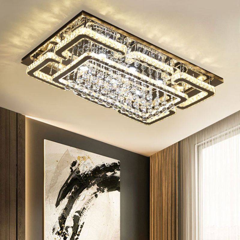 Rectangle Flush Mount Lamp Modern Crystal Living Room Ceiling Flush Light in Chrome