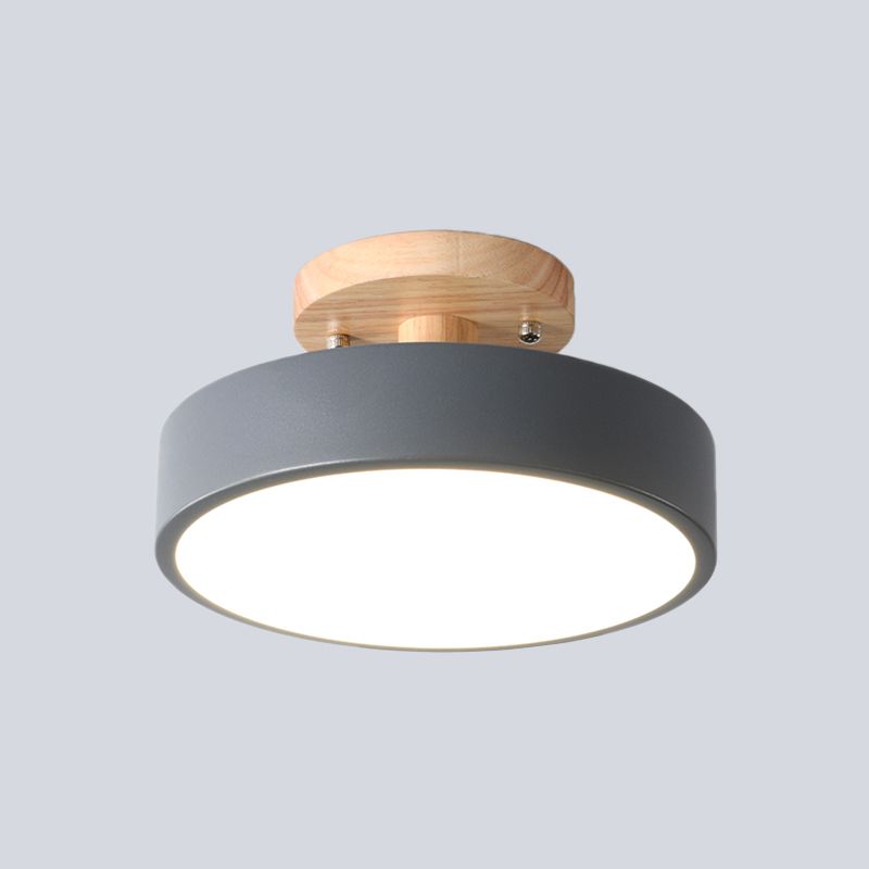 Iron Drum Flushmount Nordic White/Green/Grey Finish LED Semi Close to Ceiling Light with Wood Canopy for Corridor