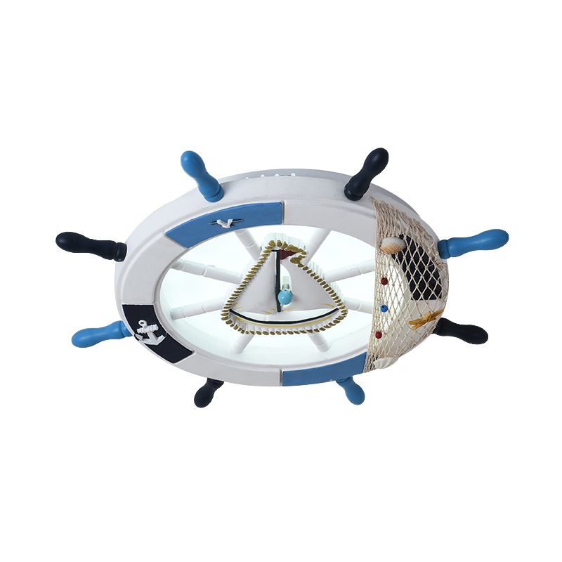 Acrylic Circle Flush Mount Light Nautical LED Ceiling Fixture with Wood Rudder Deco in Blue