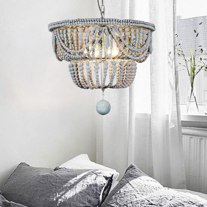 2-Tier Chandelier Modernism Wood 4 Heads 19.5"/25.5" Wide Blue and Gray Pendant Lighting Fixture for Bedroom