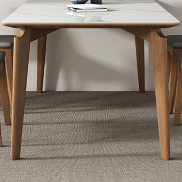 Mid-Century Modern Rectangle Dining Table White Sintered Stone Table with 4 Ash Solid Wood Legs