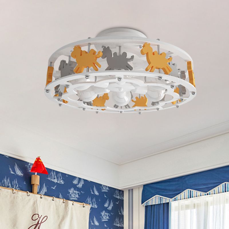 Nordic Drum Semi Flush Iron 6-Head Nursery Flush Mount Light with Camel Design in White