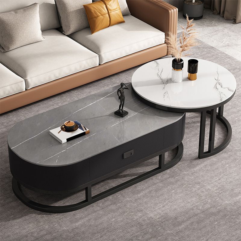 Oval Coffee Table Slate Nesting Coffee Table Set with Black Legs