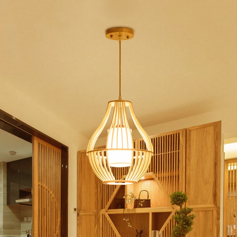 Wood Basket Suspension Pendant Light Farmhouse 1 Bulb Beige Ceiling Fixture with Fabric Lamp Shade