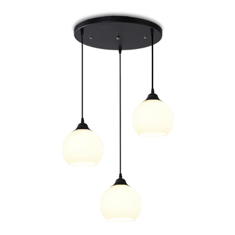 Black Domed Multi-Light Pendant Minimalist 3-Bulb White Glass Hanging Light Fixture