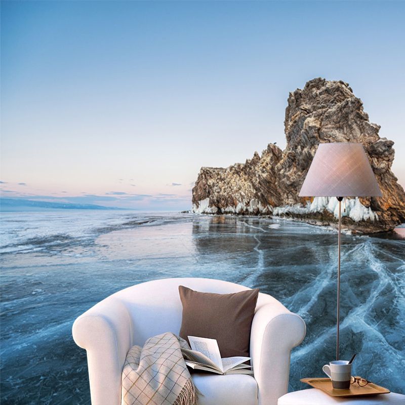 Mountain on Frozen Sea Mural Wallpaper Modern Non-Woven Material Wall Covering in Blue