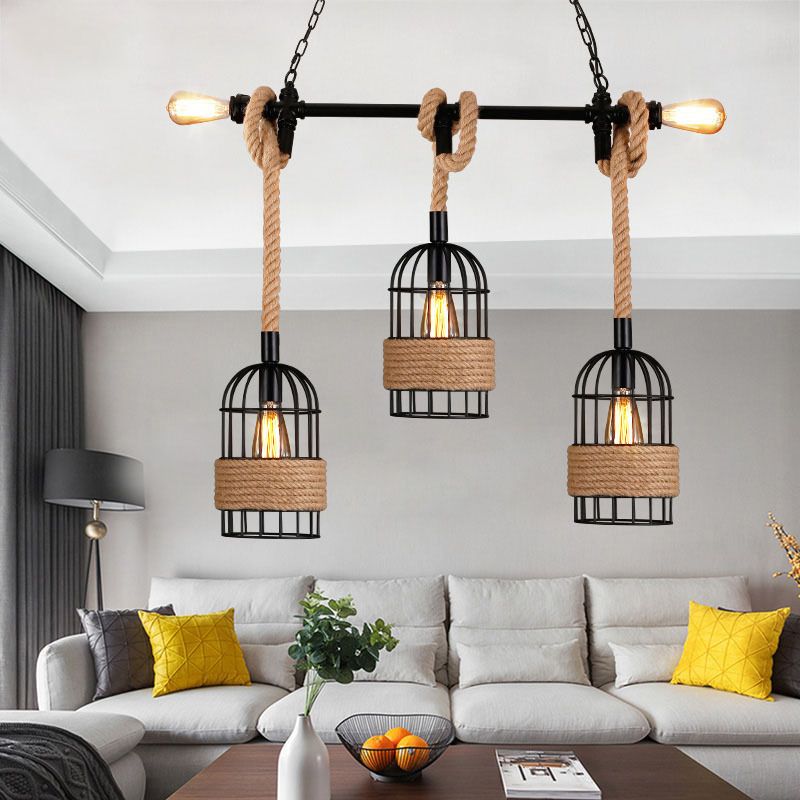 3 - Light Industrial Kitchen Island Lighting Metal & Hemp Rope Ceiling Fixture in Black