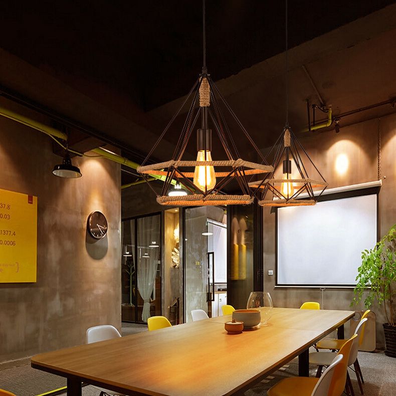 Diamond Cage Rope Ceiling Pendant Light Vintage Style Restaurant Pendant Ceiling Light in Beige