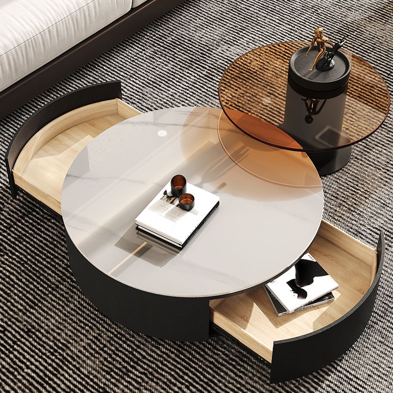 Round White Wood Coffee Table Modern Cocktail Table with Storage
