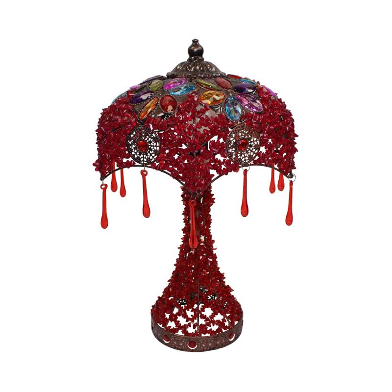 Lampada da comodino in metallo rosso/viola smerlato a 1 luce, lampada da comodino bohémien per soggiorno