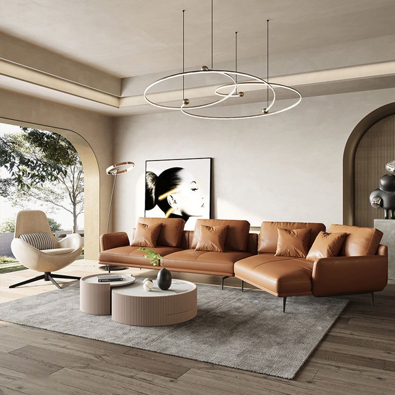 Tan Recessed Arm Sectionals Pillowed Back Cushions Corner Sofa