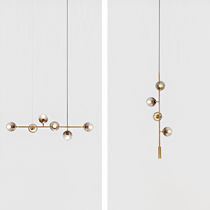 6 Bulbs Dining Room Island Lighting Postmodern Gold Finish Drop Pendant with Ball Glass Shade