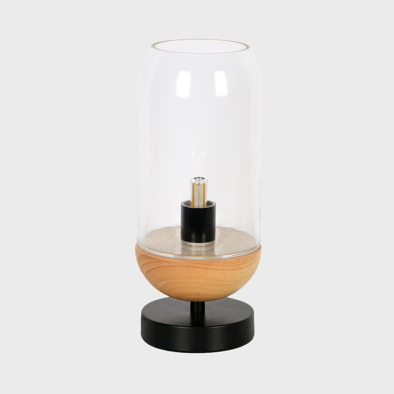 Moderna illuminazione da tavolo a LED Lampada da scrivania piccola con cilindro nero e legno con paralume in vetro trasparente