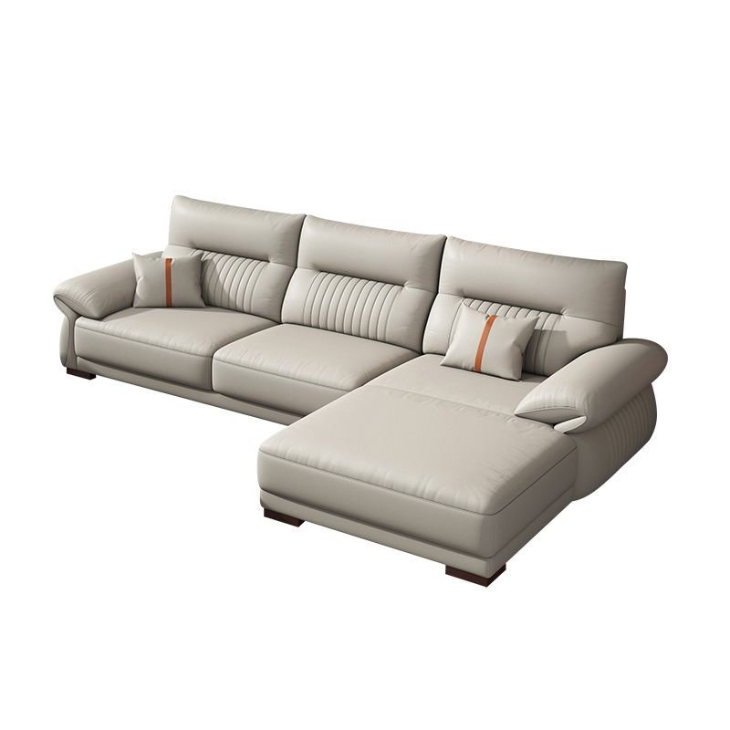Contemporary Cream Stationary Grain Leather Square Arm Sofa & Chaise