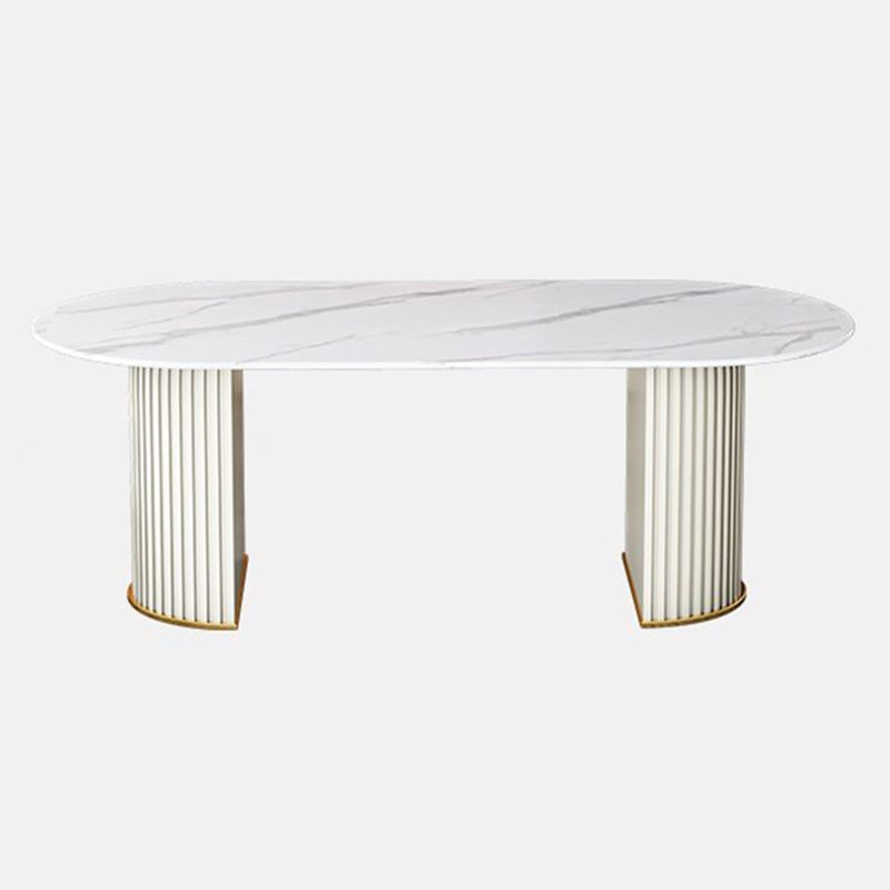 Ovale gesinterde steen witte toon eettafel moderne dubbele voetstuk tafel voor eetkamer