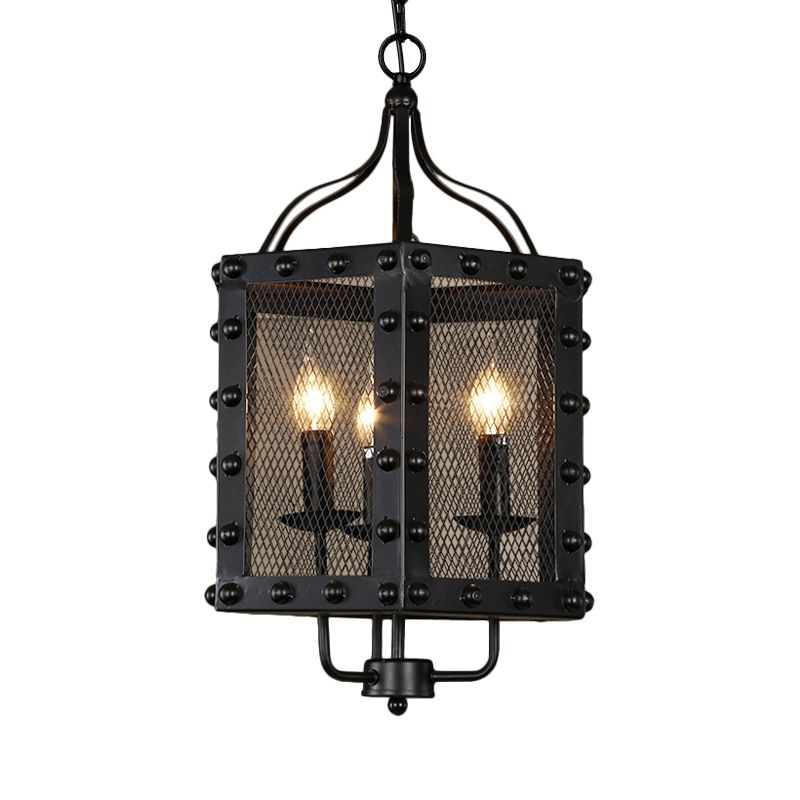 3 Lights Iron Ceiling Chandelier Vintage Style Black Faceted Frame Hanging Lamp Kit