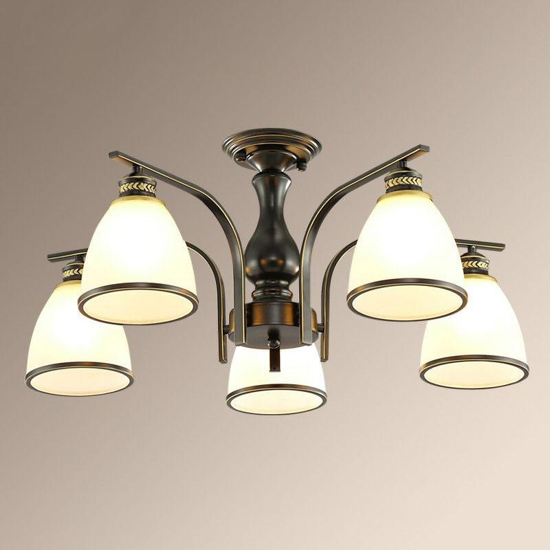 Rustic Bowl Shaped Semi Flush Frost Glass Ceiling Mount Chandelier for Living Room