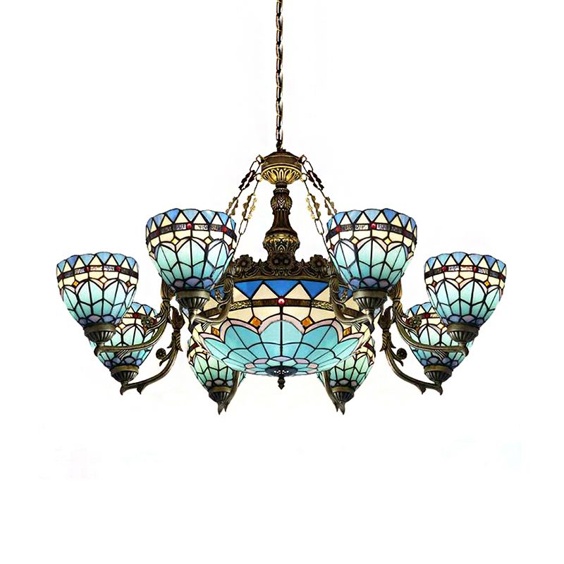 Vintage en forme de dôme vintère Tachette de lampe 9 lumières Chandelier inversé en bleu pour le salon