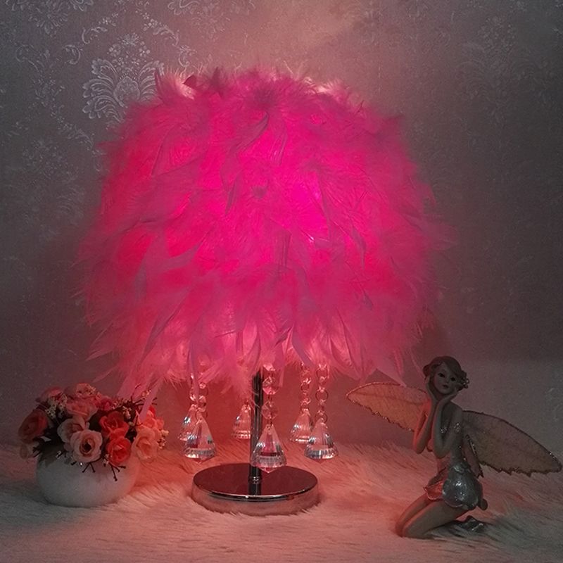 Modernist Cylinder Night Light Feather Single Bedroom Table Lamp in Pink/Peach Red/White with Crystal Strand