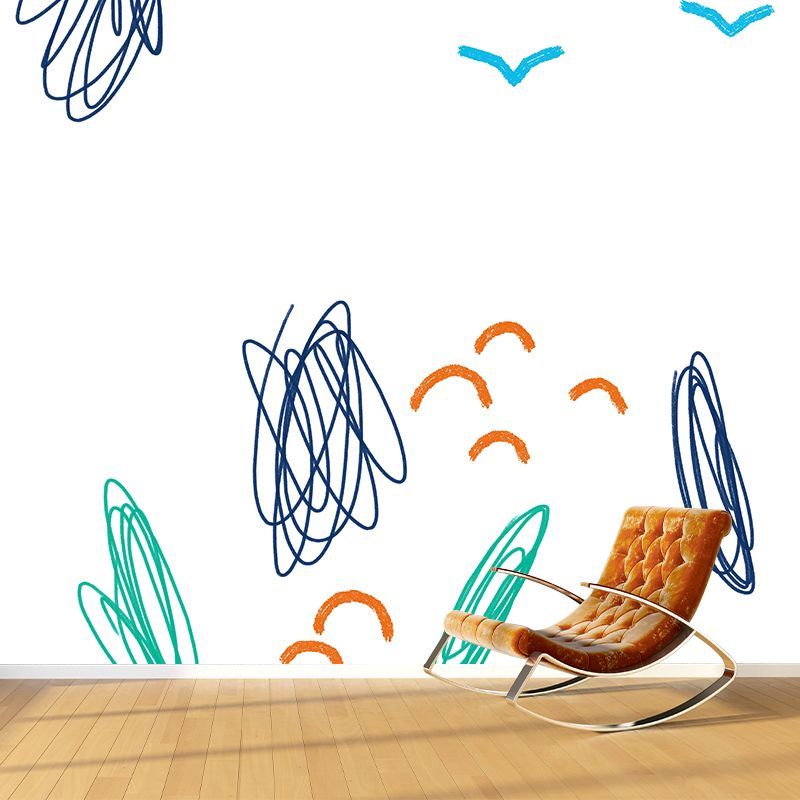 Kids Doodle Seagulls Wall Mural for Kindergarten Customized Wall Decor in Blue-Orange