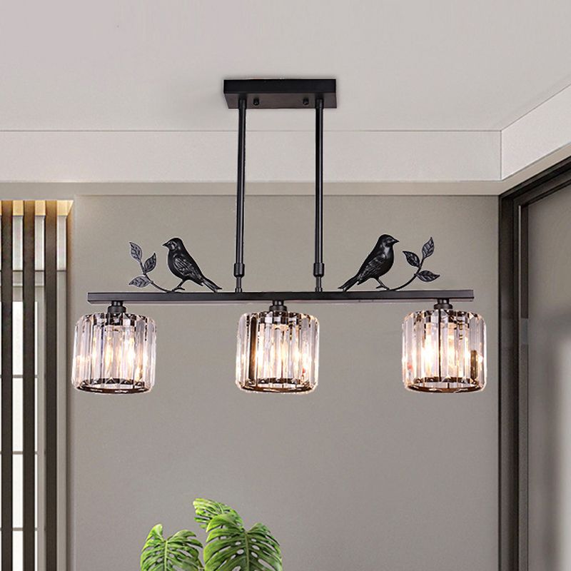 Présentation du cylindre à 3 bulbs Light Postmodern Black / Gol Crystal Prism Pendant avec décoration d'oiseaux et de feuilles
