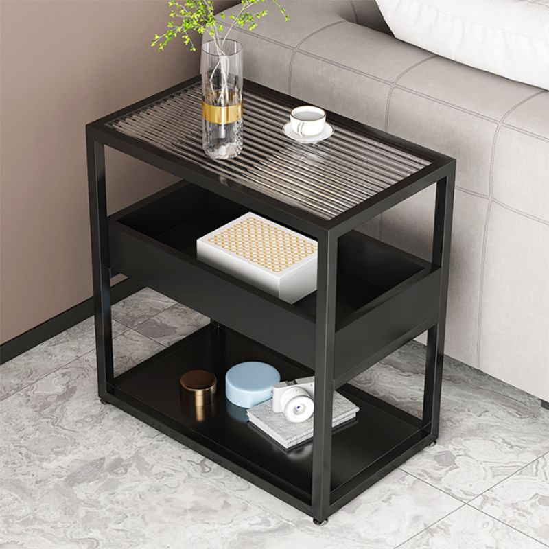 Modern Rectangular Glass Side Table Metal Frame Table with Storage