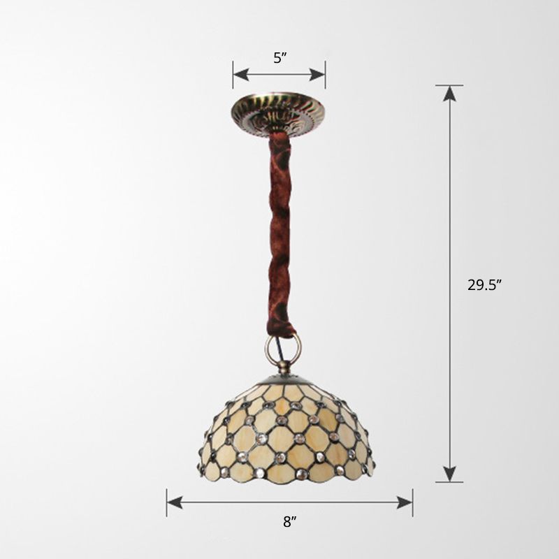 Beige Bowl Suspension Lamp Tiffany 1-Bulb Cut Glass Ceiling Light Fixture with Jewel Deco