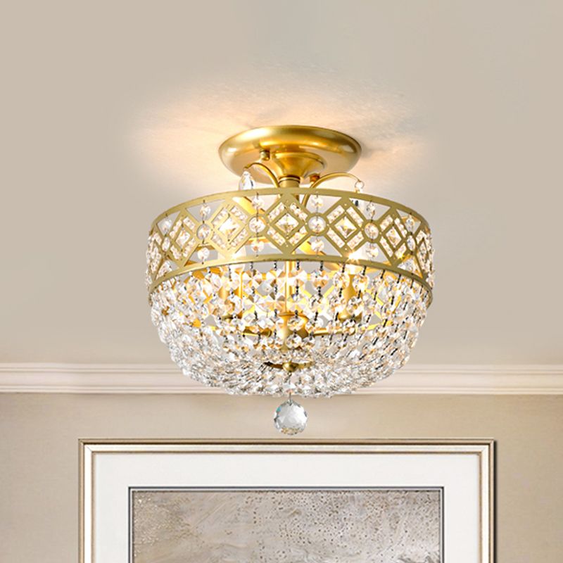3 Heads Light Fixture with Dropped Ball Crystal Contemporary Porch Semi-Flush Mount in Gold