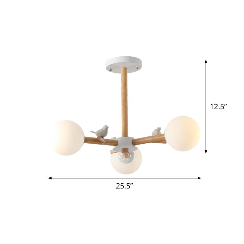 Radial Ceiling Mount Chandelier Nordic Wood 3/6-Bulb Bedroom Semi Mount Lighting with White Glass Shade and Bird Decor