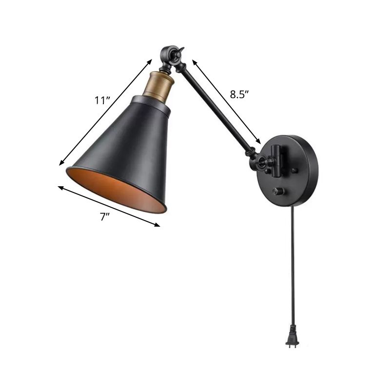 Horn Iron Wall Mount Reading Lamp Industrial 1-Light Bedroom Rotating Wall Lighting with/without Plug-in Cord in Black