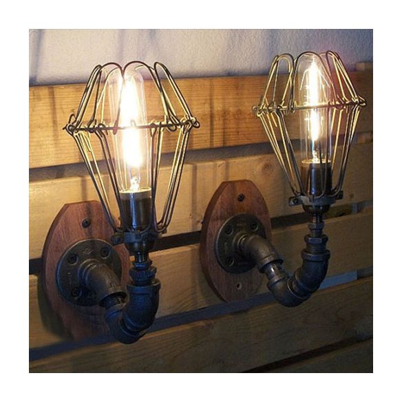 Rustic Stylish Wire Frame Wall Lighting with Pipe Design 1 Light Wrought Iron Sconce Light in Black Finish