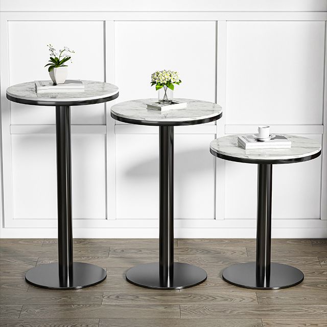 Modern Round Bar Dining Table Indoor White Top Bar Height Pub Table Metal Base in Black