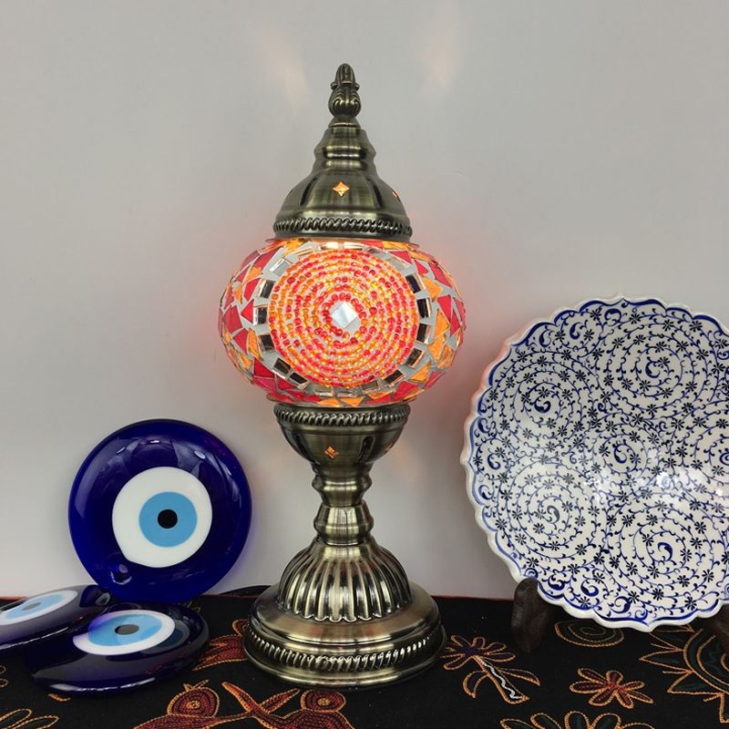 Single Night Stand Light Turkish Bedroom Table Lamp with Spherical Yellow/Red/Blue Glass Shade in Bronze