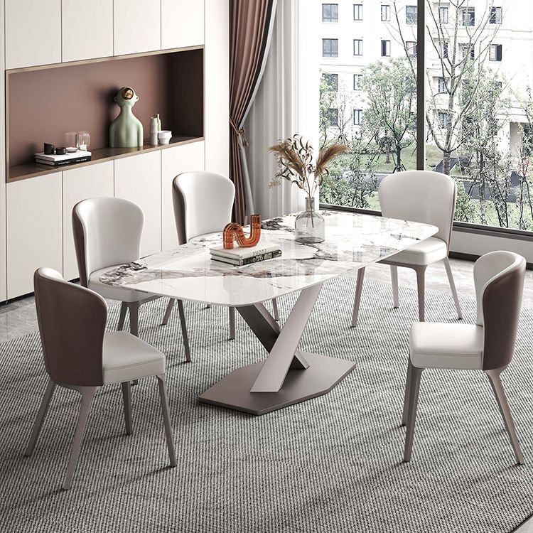 Rectangle White Tone Dining Table Sintered Stone Table Luxury with Pedestal