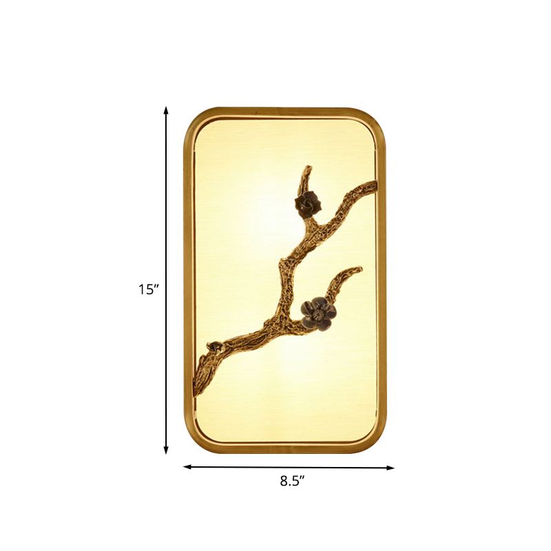 15"/23" H Rectangle Wall Mural Lighting Asian Fabric Gold LED Wall Lamp with Flower Branch Decoration