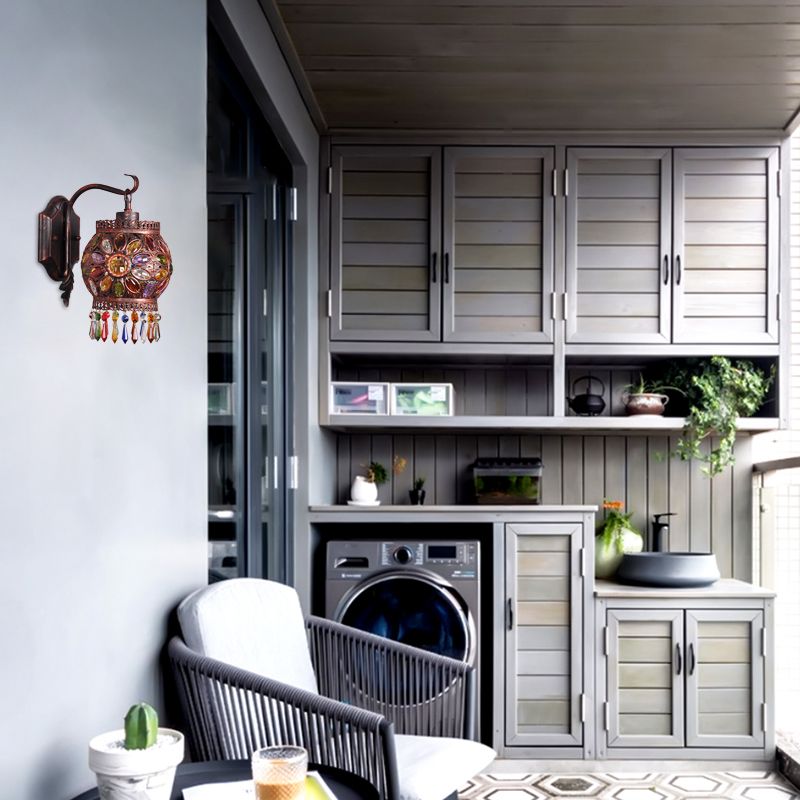 Bohemia Lantern Wall Light Sconce Metal 1 Light Wall Mount Lamp with Crystal Flower Design in Antique Copper