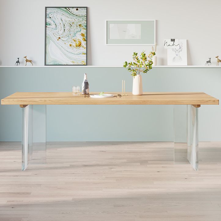 Contemporary Khaki Standard Dining Table Solid Wood Rectangle Dining Table with Double Pedestal Base