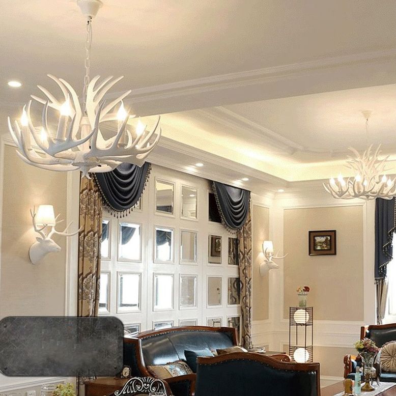 Adjustable Hanging Chain Chandelier Light Traditional Rustic Antler Plastic Ceiling Pendant for Restaurant