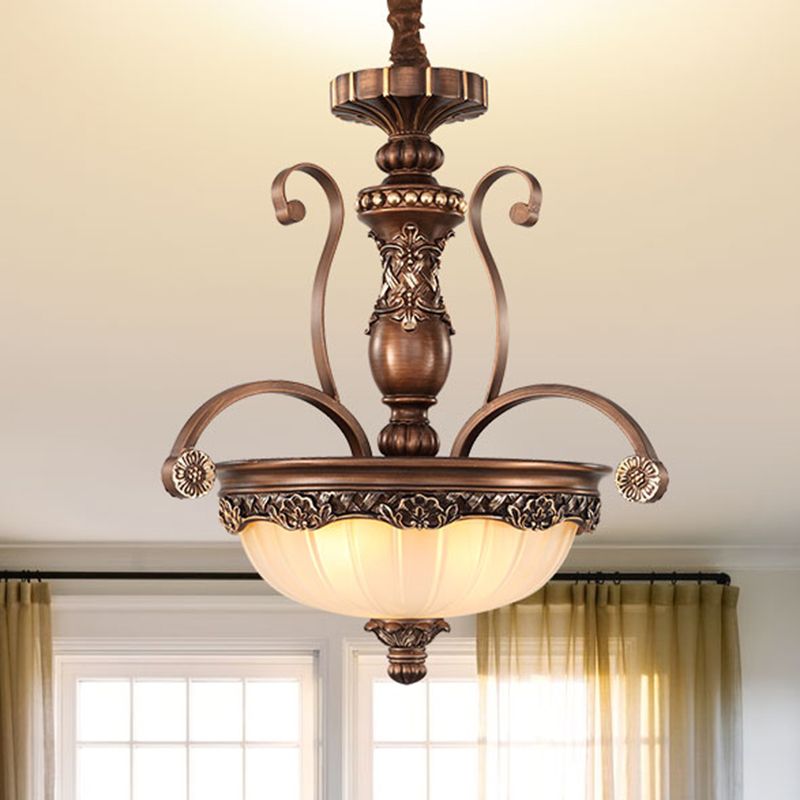 Bowl Etched Ribbed Glass Suspension Light Rustic 3 Heads Corridor Chandelier Light in Bronze