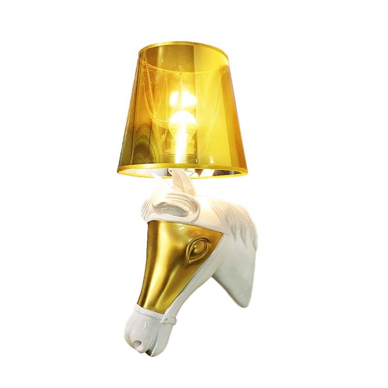 Traditional Cone Sconce Light Fixture 1 Bulb Fabric Wall Mount Lighting in White/Gold for Bedroom with Horse Head Backplate