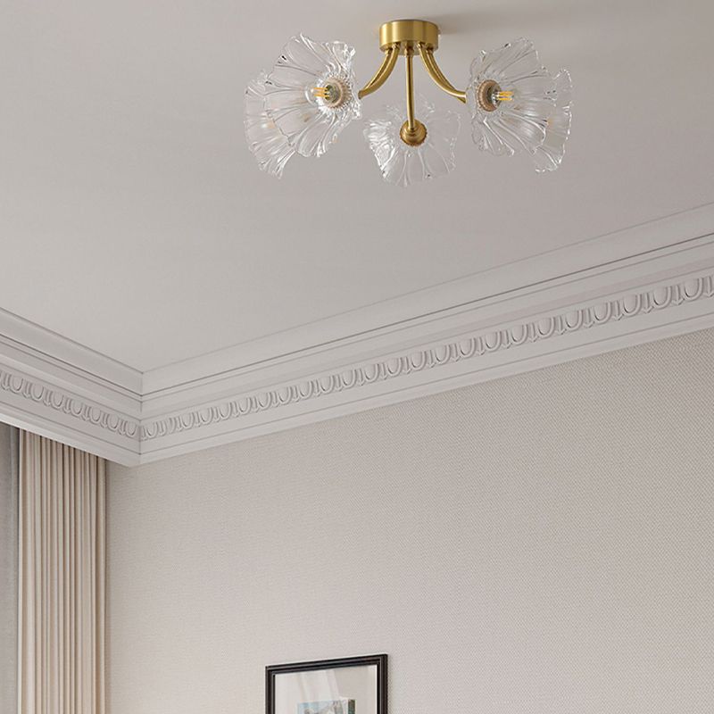 Flower Shape Glass Flush Mount Light Modern Multi Lights Ceiling Mount Light in Brass