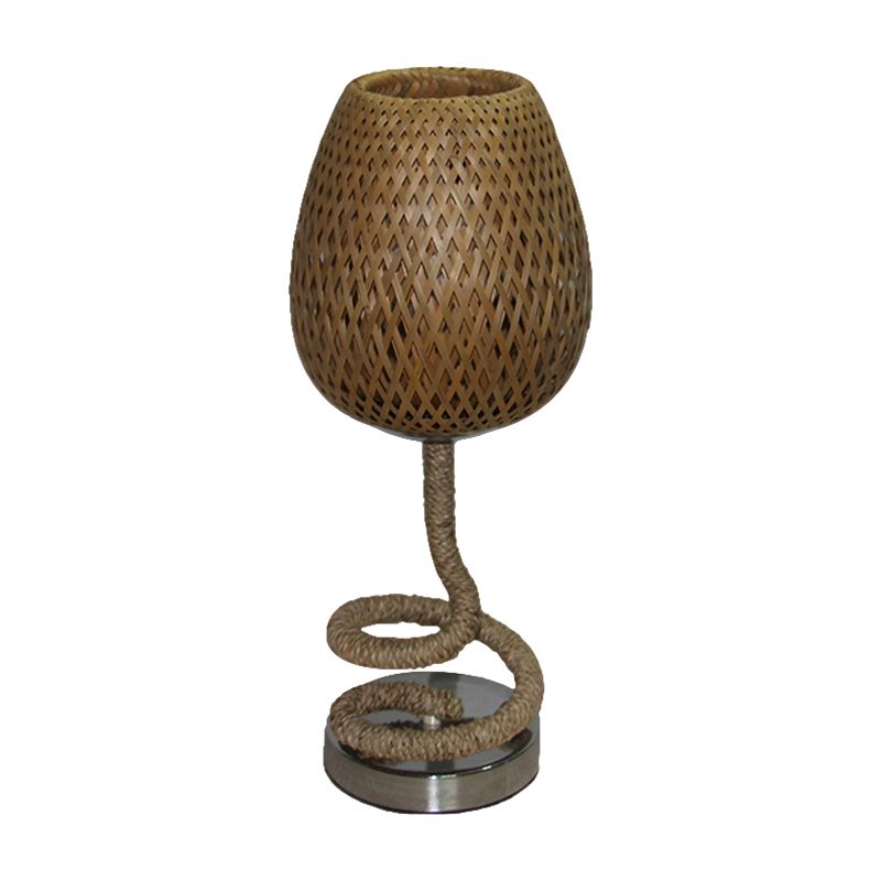 Flaxen Bud Shape Night Table Light Asia 1-Bulb Bamboo Rattan Night Lamp with Rope Design