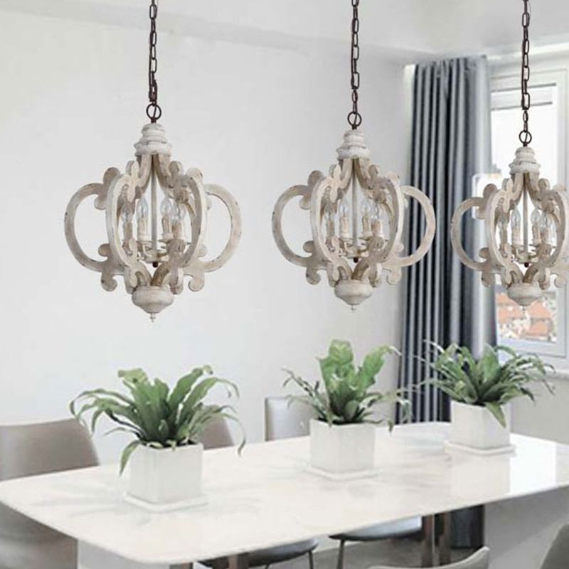 5 Bulbos Cámaras de techo del círculo Madera tradicional accesorio de iluminación suspendida en blanco