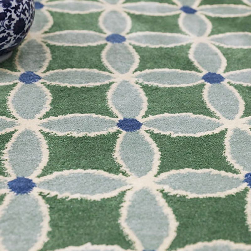 Green Living Room Area Carpet Plaid Pattern Polyester Area Rug Easy Care Washable Rug